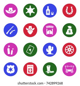 Cowboy Icons. White Flat Design In Circle. Vector Illustration. 