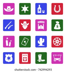 Cowboy Icons. White Flat Design In Square. Vector Illustration. 