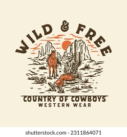 cowboy illustration cactus graphic country design horse vintage desert t shirt western wild