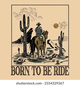 cowboy illustration  graphic design cactus vintage desert t shirt badge drawing landscape guitar rider west sun horse