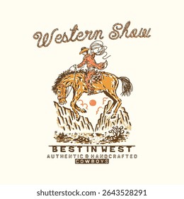cowboy ilustração rodeio gráfico cavalo design deserto emblema paisagem vintage ocidental