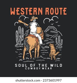 ilustración de cowboy cráneo diseño gráfico de perro cactus vintage desierto camiseta marca de dibujo música paisaje rider de guitarra