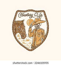 cowboy illustration skull graphic horse design head badge vintage rope