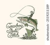 cowboy illustration trout graphic fishing design rodeo badge catch vintage western