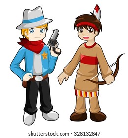Cowboy and Indian boy in white background