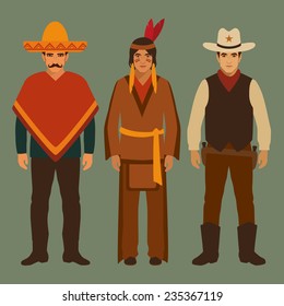  cowboy, indian and mexican, american people, traditional culture 