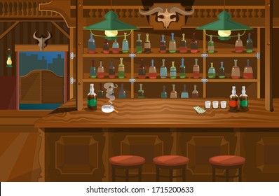 Cowboy interior wild west atmosphere wooden bar vector illustration. Shelves full of bottles with alcohol cartoon design. Cigarette in ashtray and glasses, banknote on bar counter