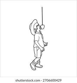 Ilustración vectorial de desafío de manzana de niño vaquero, estilo de contorno