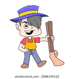 niño vaquero sosteniendo una escopeta, ilustración vectorial art. doodle imagen kawaii.
