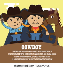 Cowboy kid illustration. Kid playing in cowboy costume