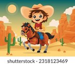 Cowboy kid illustration, cowboy kid riding a horse in a desert background, children story book illustration style
