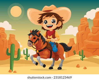 Cowboy kid illustration, cowboy kid riding a horse in a desert background, children story book illustration style