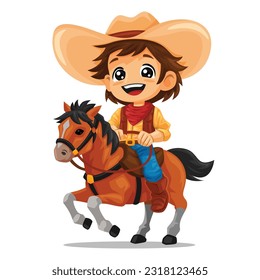 A cowboy kid riding a horse, white isolated background