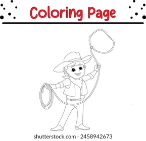 cowboy kid twirling lasso coloring book page for children