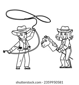 Cowboy-Kindervektor. Junge Kind, Hut klein, süßer Spaß, Cowgirl Stiefel, amerikanische Kinder Cowboy-Kinderfigur. Leuten-Schwarzzeilengrafik