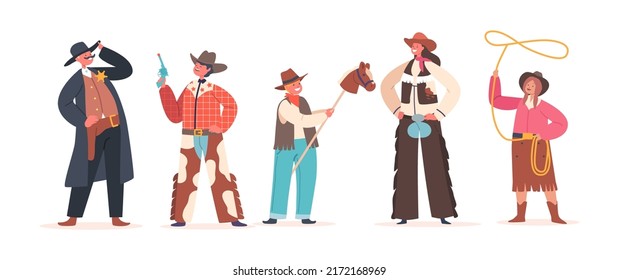 Cowboy-Kinder tragen traditionelle Wildwestkostümen und Hats. Jungen und Mädchen charakterisieren westliche Persönlichkeiten einzeln auf weißem Hintergrund. Festival, Spiel oder Performance. Vektorgrafik von Cartoon People