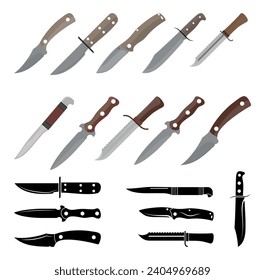 Cowboy Knife Vector Illustration Set With Clip Art White Background And Cowboy Knif Isolated Symbol. Cartoon Knife, Horizontal Shape Blade, Outline Chef Dagger Danger Element. 
