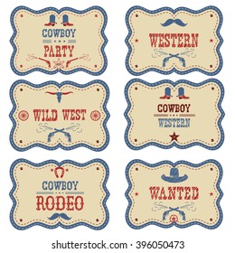 Cowboy labels isolated on white. Vector western cowboy symbols american illustration