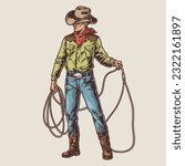 Cowboy lasso colorful vintage label with man participating in Texas rodeo using rope to catch prey vector illustration