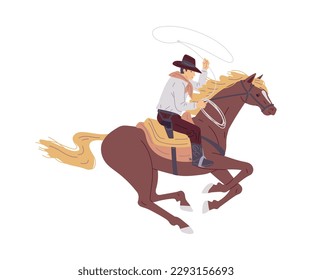 Cowboy with lasso gallops on horse flat vector illustration isolated on white background. Cowboy male character horseback catching cattle or horses with lasso.