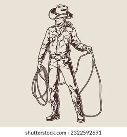 Cowboy lasso monochrome vintage sticker with man in long hat with rope for hunting or rodeo competition vector illustration