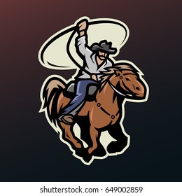 Cowboy with a lasso on a horse, on a dark background.