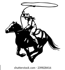 Cowboy with lasso on horse silhouette, vector