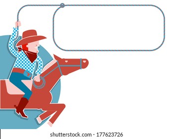 Cowboy with lasso on horse for text.Vector flat design style background
