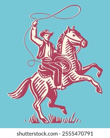 Cowboy with lasso on rearing horse. Rodeo emblem. Hand drawn vector illustration