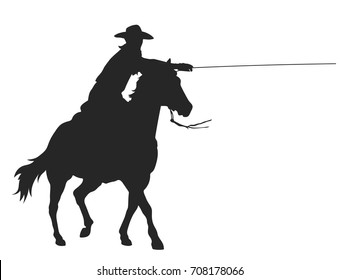 cowboy with lasso riding a horse, isolated vector silhouette