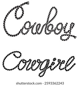 Cowboy lasso rope text vector. Western style typography for cowgirl designs isolated on white background