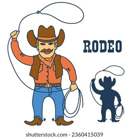 Cowboy with lasso vector isolated on white. Wild west illustration of man with cowboy boots and hat flat style design.