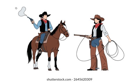 Cowboy lassoing horse and another cowboy with rope