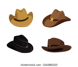Cowboy leather hats set. Traditional retro headdress of american cowboys and gold star sheriffs for rodeo in wild vector west style