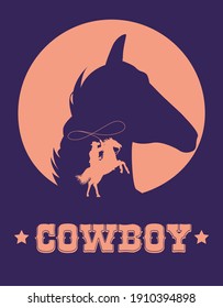 cowboy lettering in wild west poster with cowboy lassoing horse vector illustration design
