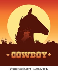 cowboy lettering in wild west scene with cowboy lassoing and head horse vector illustration design
