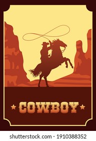 cowboy lettering in wild west scene with cowboy lassoing vector illustration design