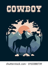 cowboy lettering in wild west scene with cowboy in horse vector illustration design