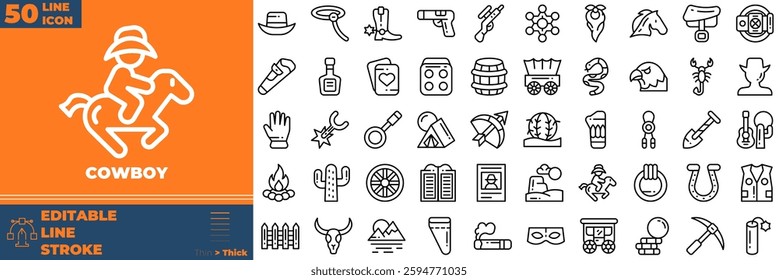 Cowboy Line Editable Icons set. Vector illustration in modern thin line style of cowboy icons: hat, west, boot, etc