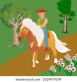 Vaquero - niño montando un caballo de pony.  En un camino rural con flores en primer plano. Ilustración vectorial.