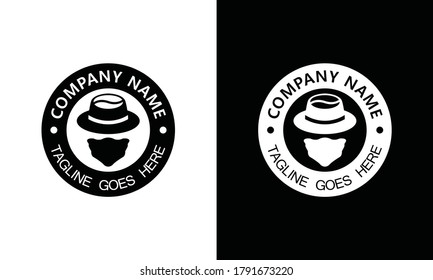 Cowboy Logo design in circle on black and white background, Hat Wear Detective Silhouette