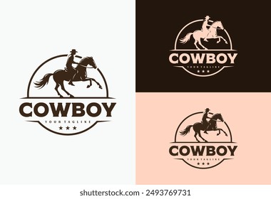 cowboy logo riding a horse with circle background design vector illustration