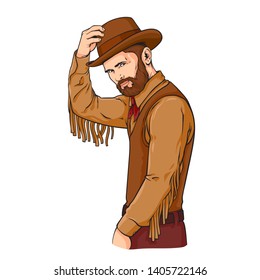 Cowboy man with beard, mustache and hat, vector realistic hand drawn sketch illustration isolated on white background