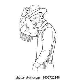 Cowboy man with beard, mustache and hat, vector realistic hand drawn sketch illustration isolated on white background