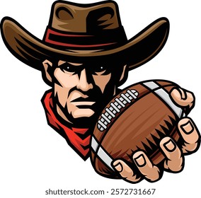 Cowboy man cowboys American football sports team mascot holding football ball