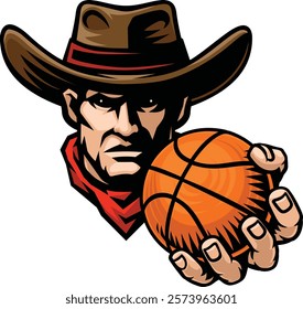 Cowboy man cowboys basketball sports team mascot holding basketball ball