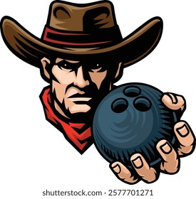 Cowboy man cowboys bowling sports team mascot holding bowling ball