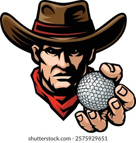 Cowboy man cowboys golf mascot holding golf ball