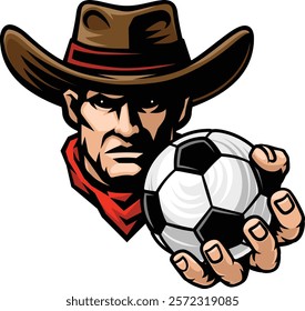 Cowboy man cowboys soccer football sports team mascot holding soccer ball