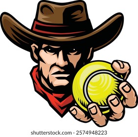 Cowboy man cowboys tennis mascot holding tennis ball